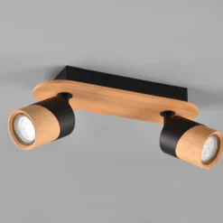 Foco de techo Aruni de madera, 2 luces negro