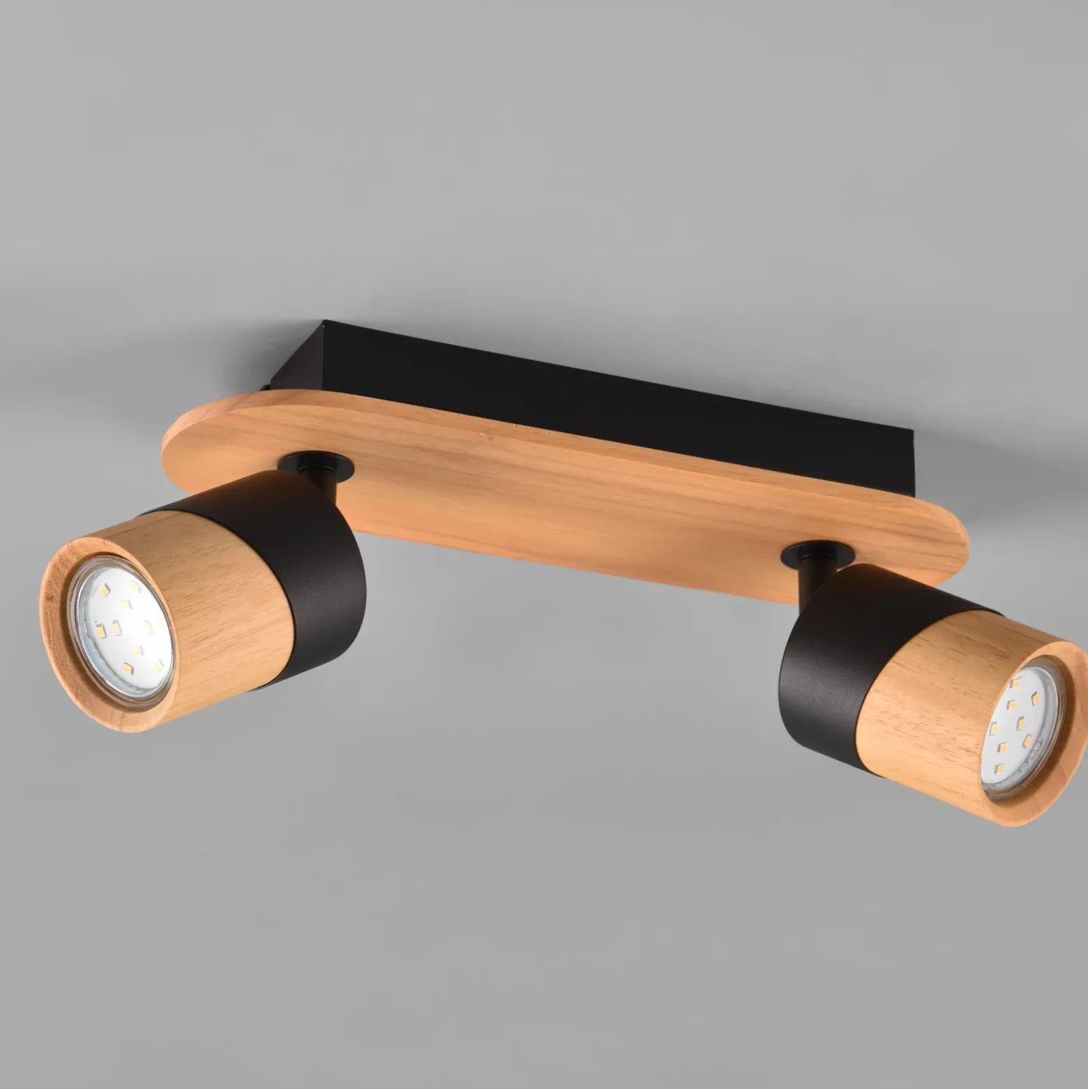 Foco de techo Aruni de madera, 2 luces negro