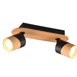 Foco de techo Aruni de madera, 2 luces negro