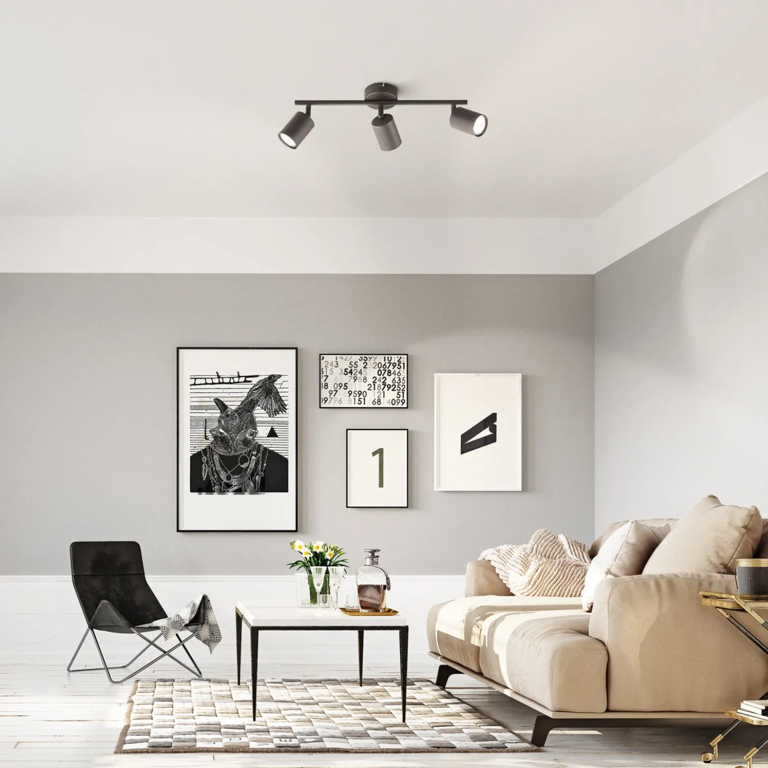 Foco de techo LED Vano negro, 3 luces alargado
