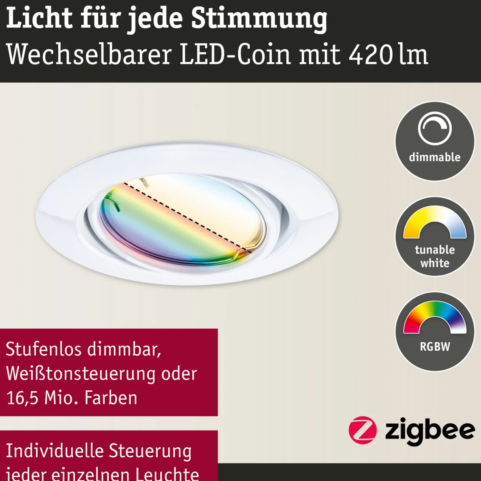 Foco empotrable LED Paulmann Coin Base, blanco, Set de 3 RGBW ZigBee