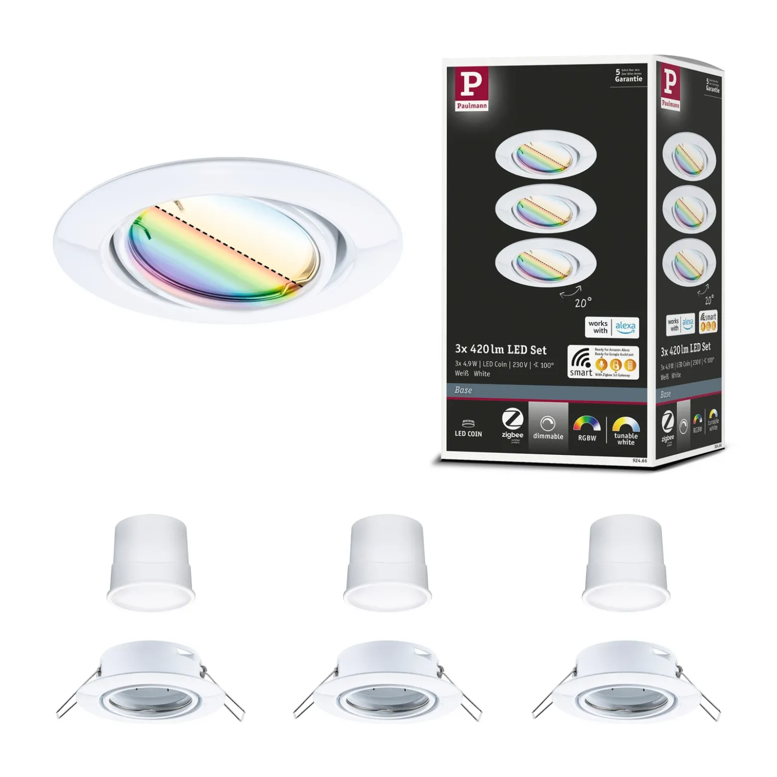 Foco empotrable LED Paulmann Coin Base, blanco, Set de 3 RGBW ZigBee