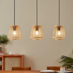 Hykeham lámpara colgante, longitud 91 cm, natural, 3 luces, bambú