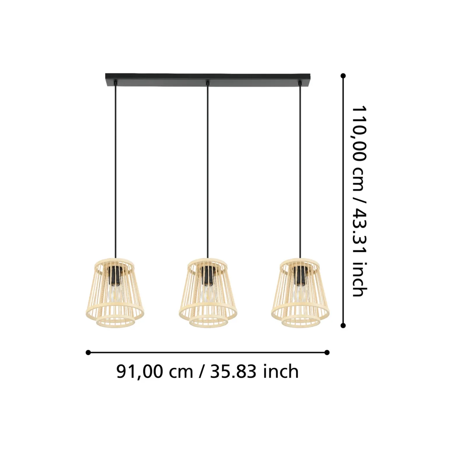 Hykeham lámpara colgante, longitud 91 cm, natural, 3 luces, bambú