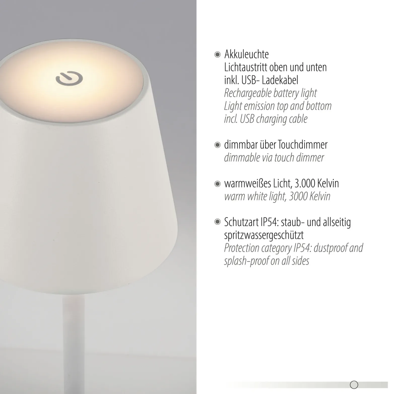 JUST LIGHT. Euria lámpara de mesa LED recargable, blanco, hierro, IP54