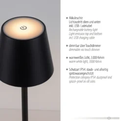 JUST LIGHT. Euria lámpara de mesa LED recargable, negro, hierro IP54