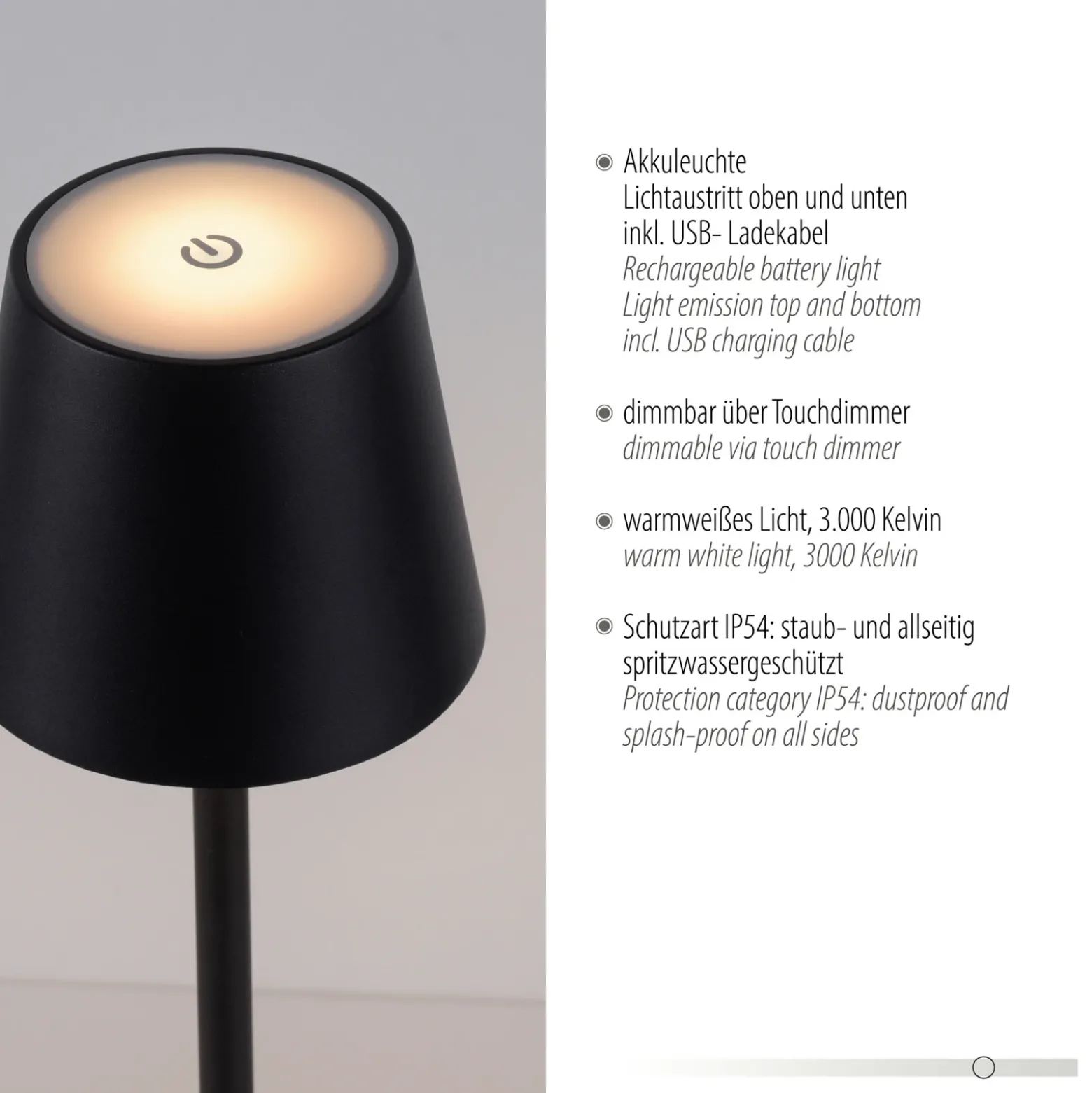 JUST LIGHT. Euria lámpara de mesa LED recargable, negro, hierro IP54