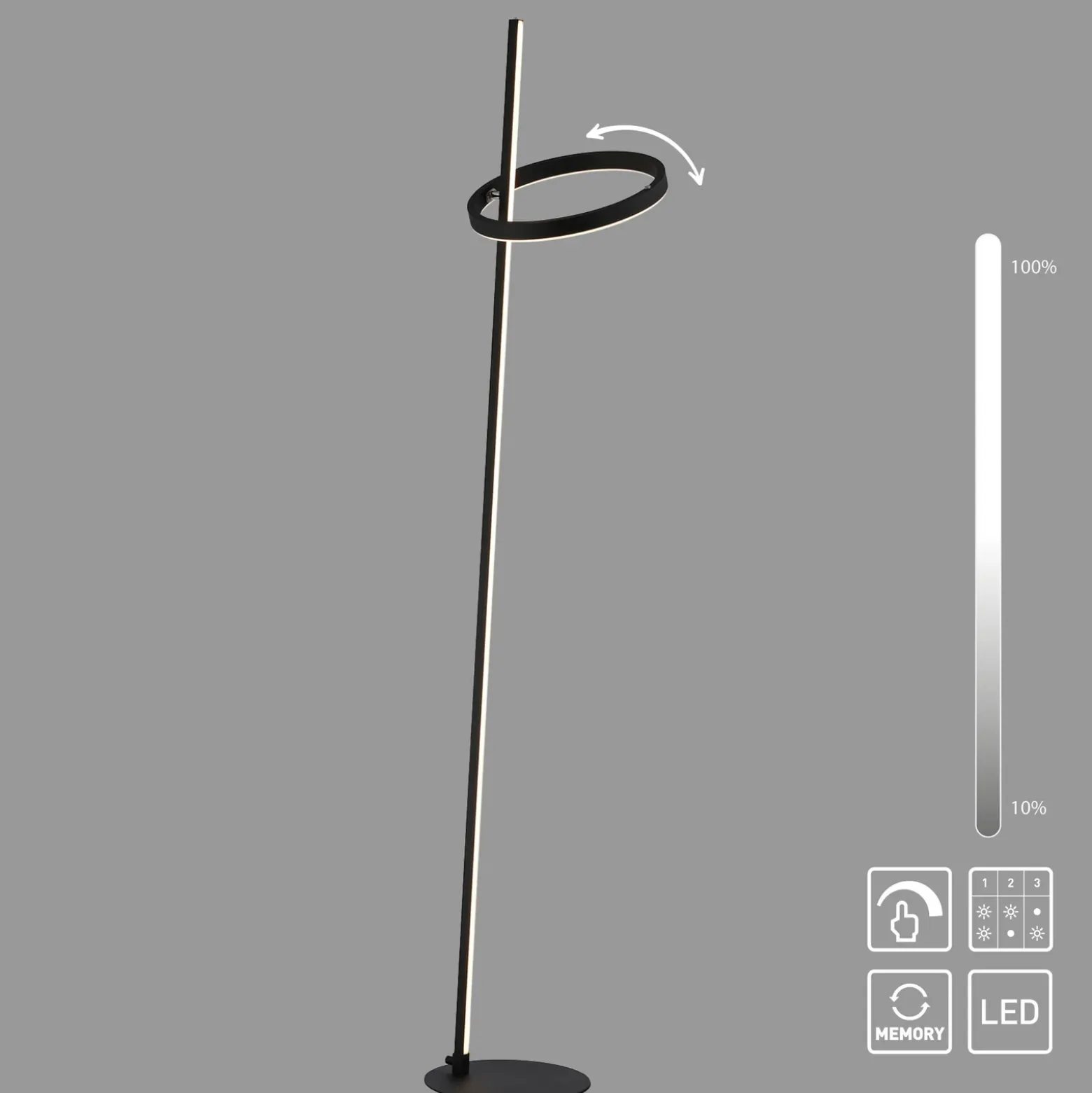 JUST LIGHT. Lámpara de pie LED Ritus negro hierro atenuador 3000 K