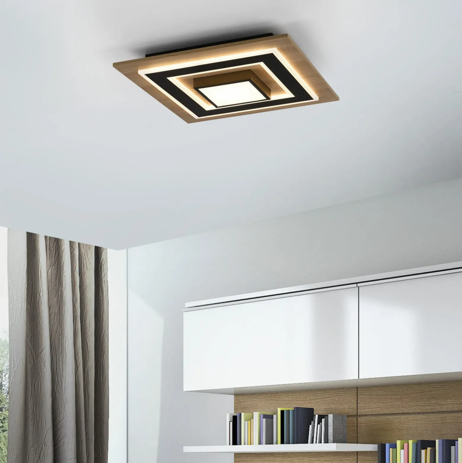 JUST LIGHT. Lámpara de techo LED Tola, angular, 2 luces, madera, 3000 K