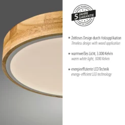JUST LIGHT. Plafón LED Bila, blanco, Ø 32 cm, madera