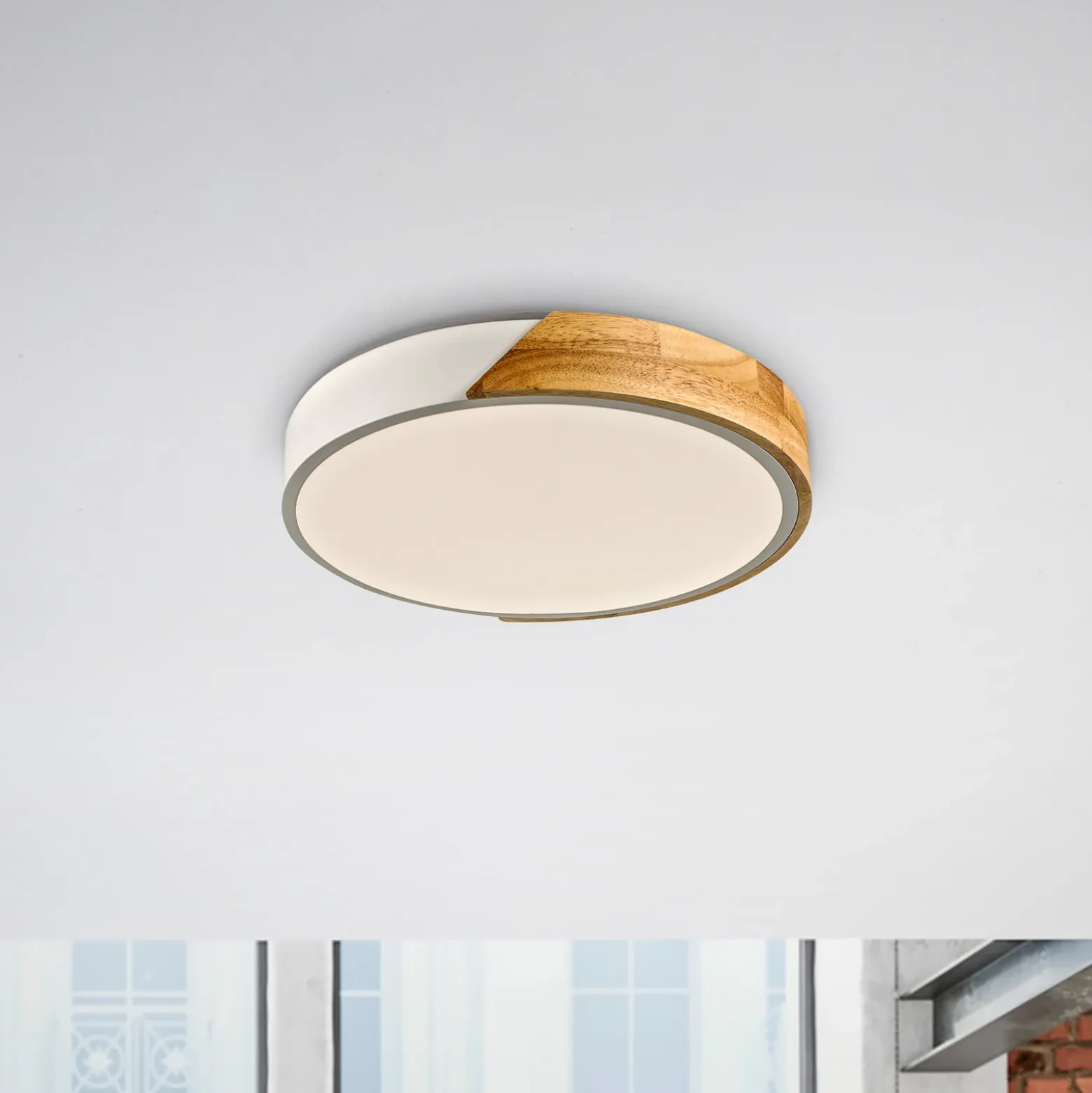 JUST LIGHT. Plafón LED Bila, blanco, Ø 32 cm, madera