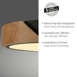 JUST LIGHT. Plafón LED Bila, negro, Ø 32 cm, madera