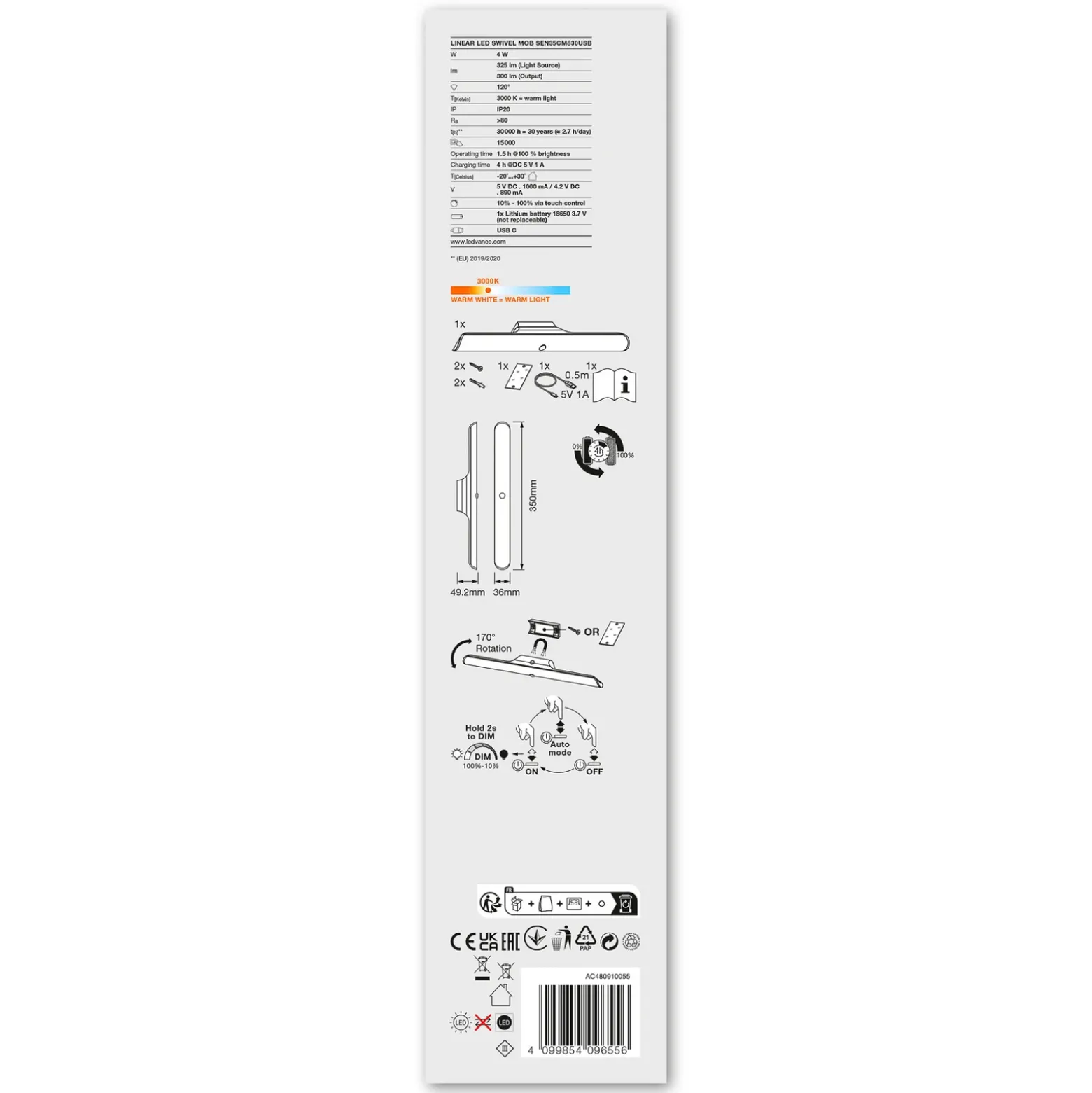 LEDVANCE Linear Swivel mueble 830 batería sensor