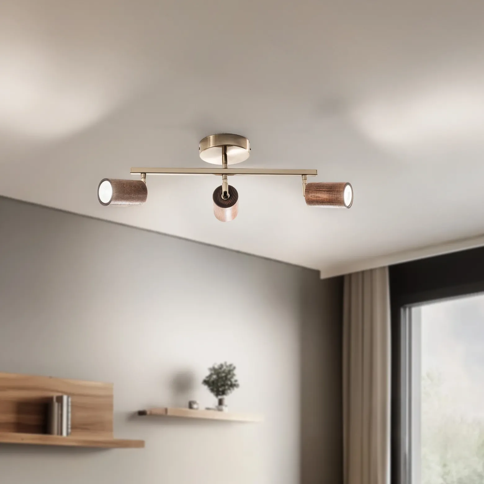 Legno downlight de techo, lineal, 3 luces, marrón / latón, madera
