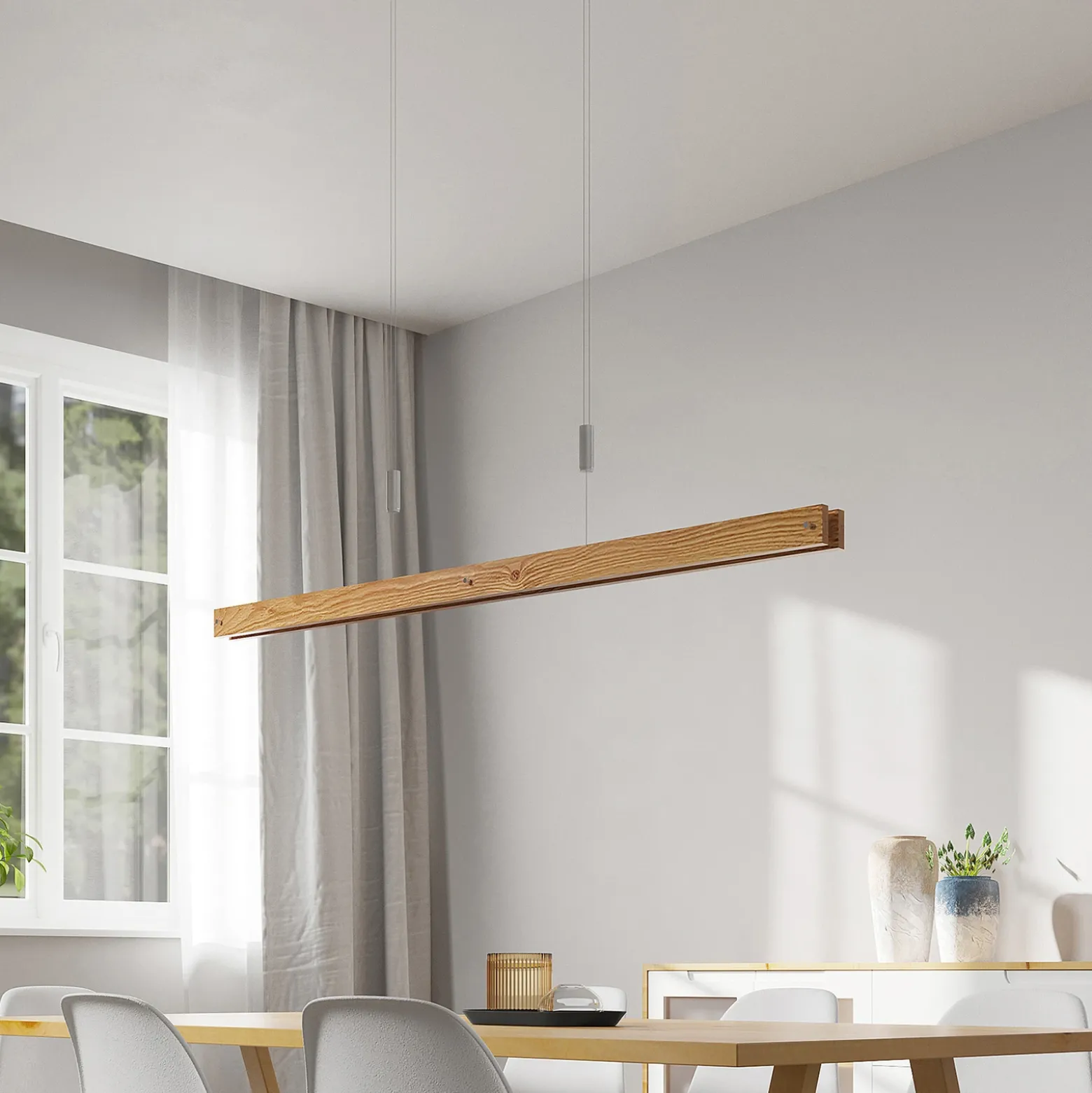 Lindby Alimara lámpara colgante LED, madera, longitud 138 cm