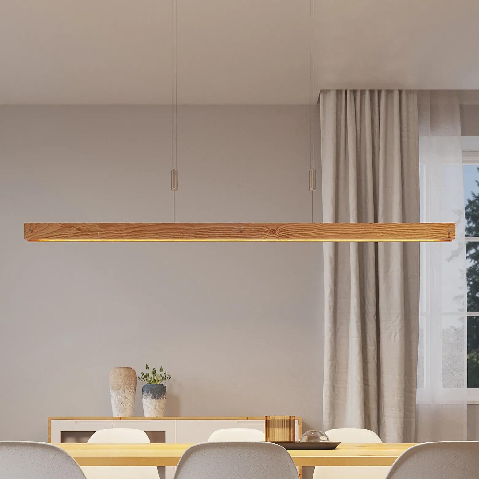 Lindby Alimara lámpara colgante LED, madera, longitud 138 cm