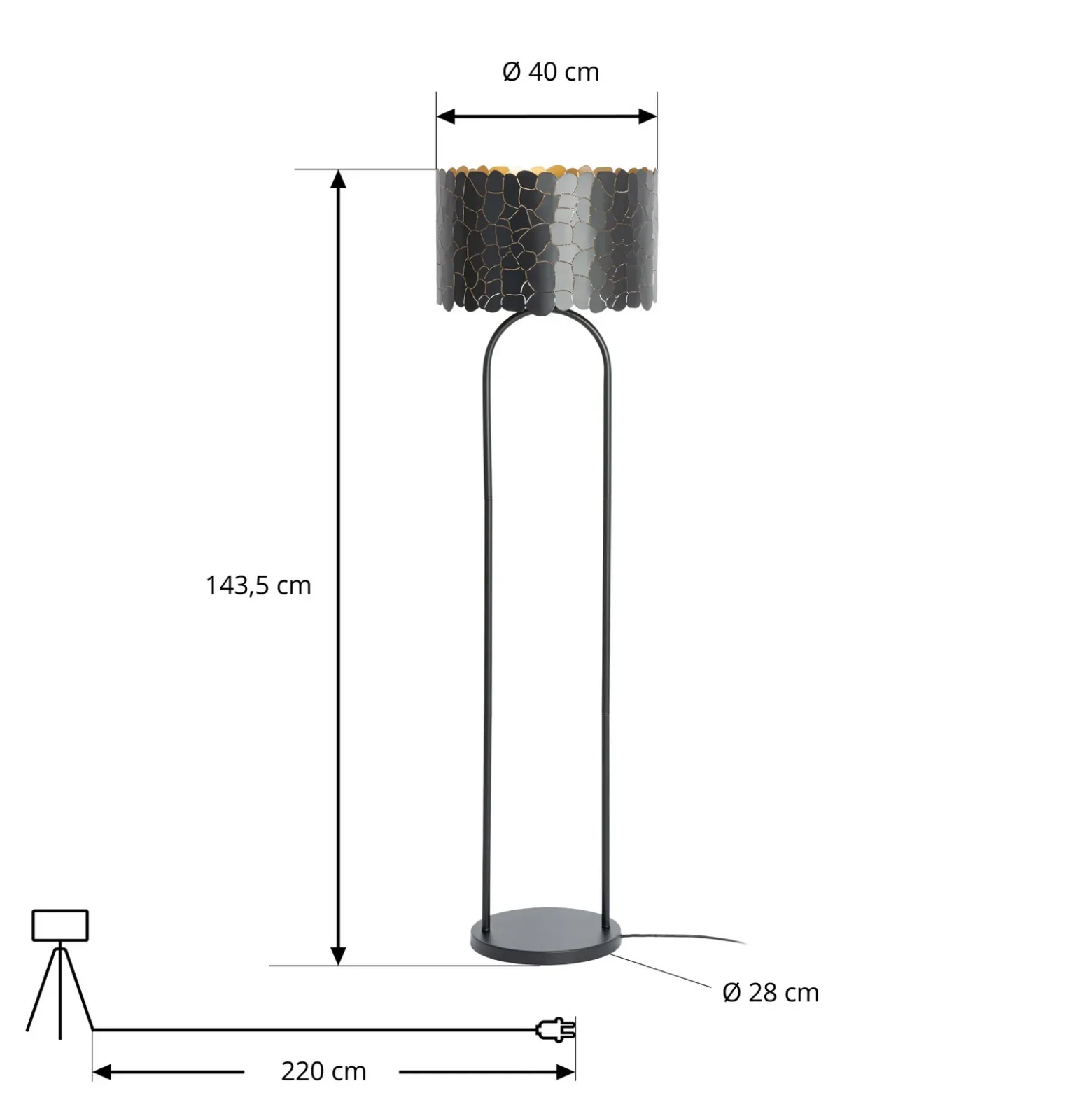 Lindby Aralena lámpara de pie, negro/oro, altura 143,5 cm