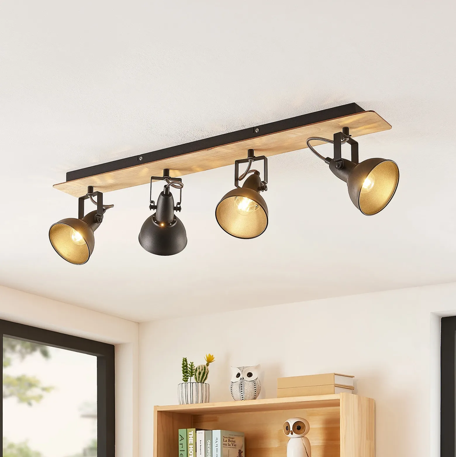 Lindby Aylis lámpara de techo, 4 luces, 82 cm, negro, madera, E14