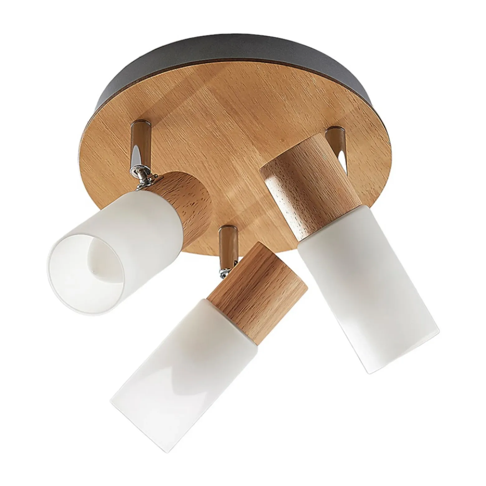 Lindby ceiling spotlight Christoph, 20 cm, 3 luces, madera, rondel