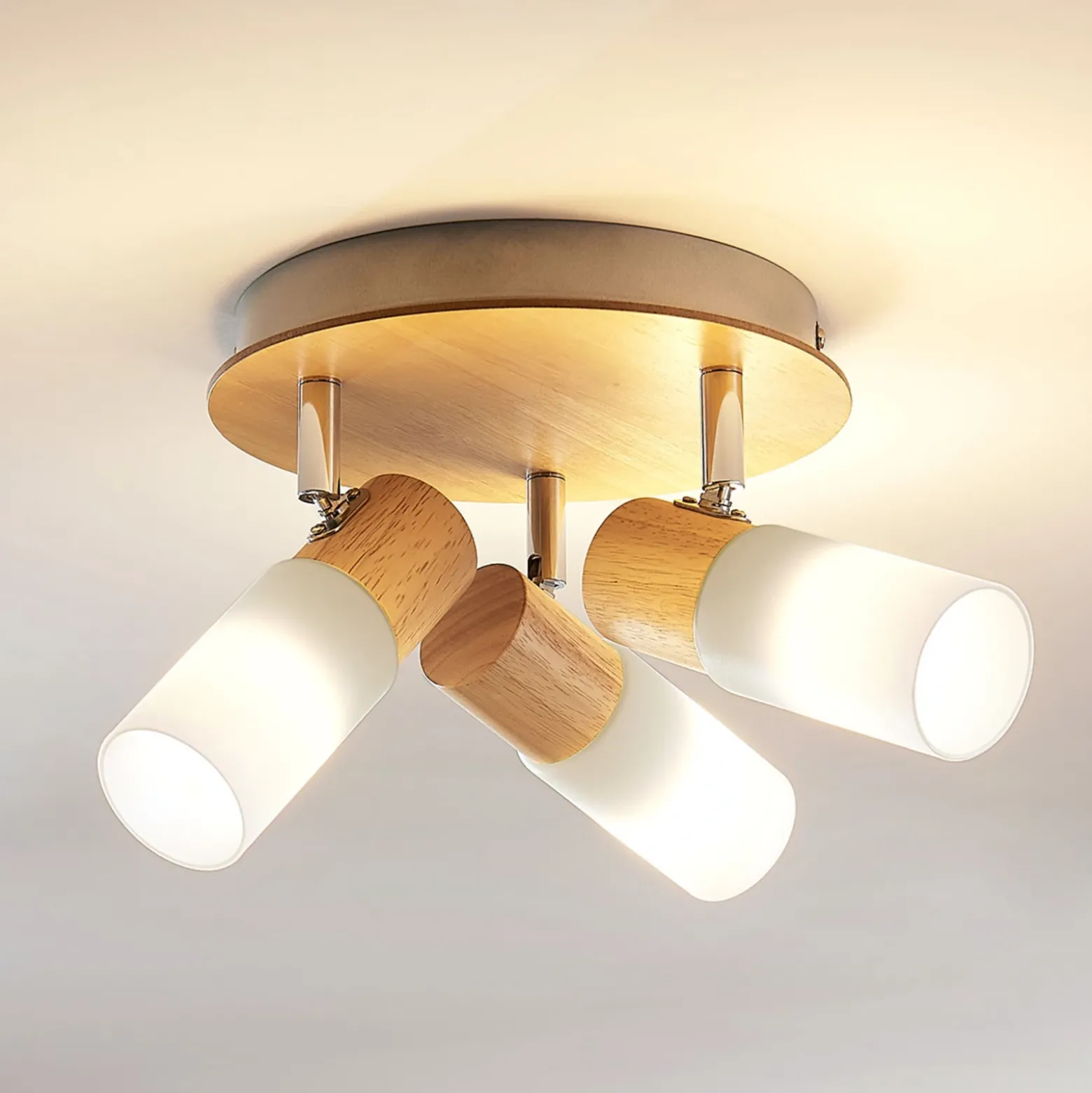 Lindby ceiling spotlight Christoph, 20 cm, 3 luces, madera, rondel