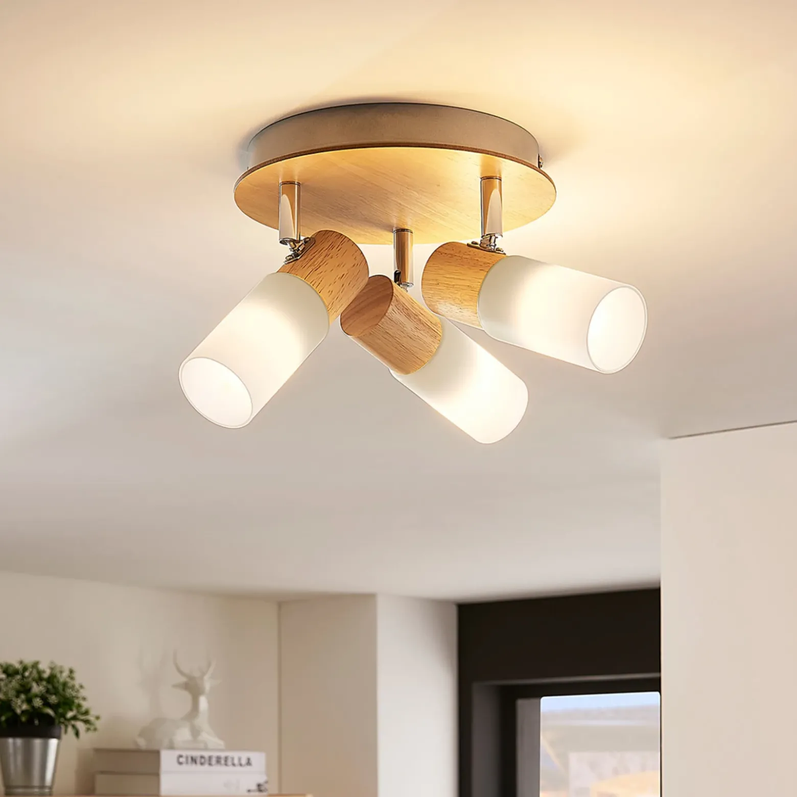 Lindby ceiling spotlight Christoph, 20 cm, 3 luces, madera, rondel