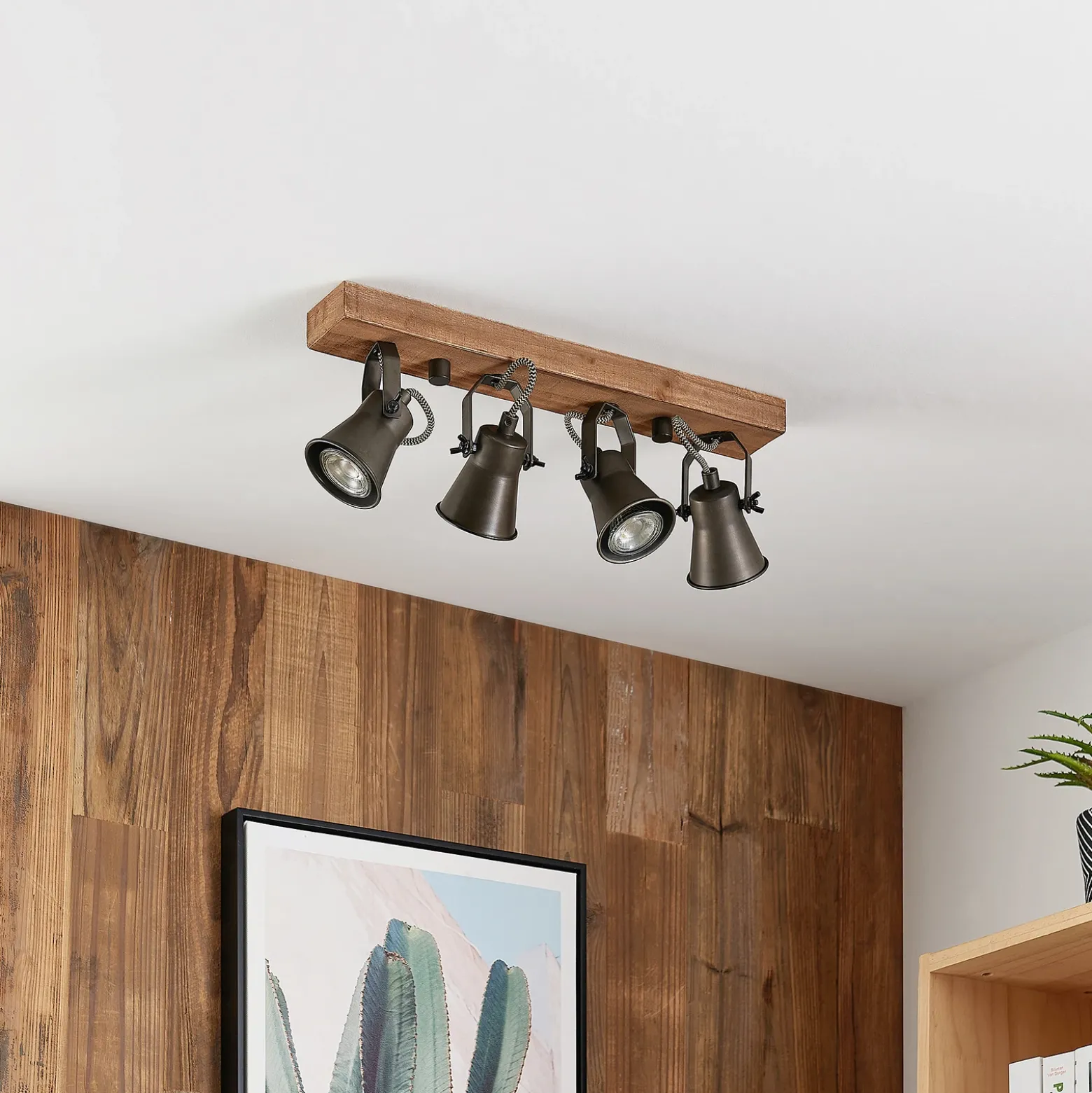 Lindby downlight de techo Grandesa, 35 cm, 4 luces, madera, metal