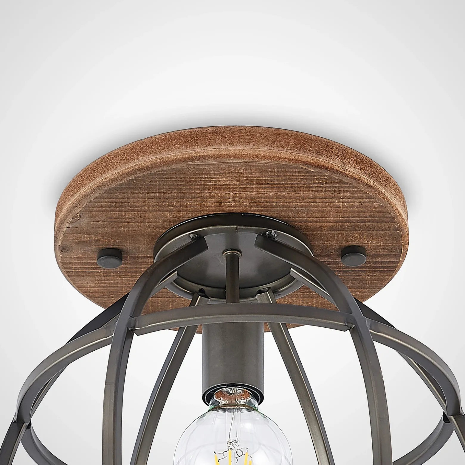Lindby downlight de techo Rutger, Ø 34 cm, madera, jaula, E27