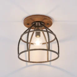 Lindby downlight de techo Rutger, Ø 34 cm, madera, jaula, E27