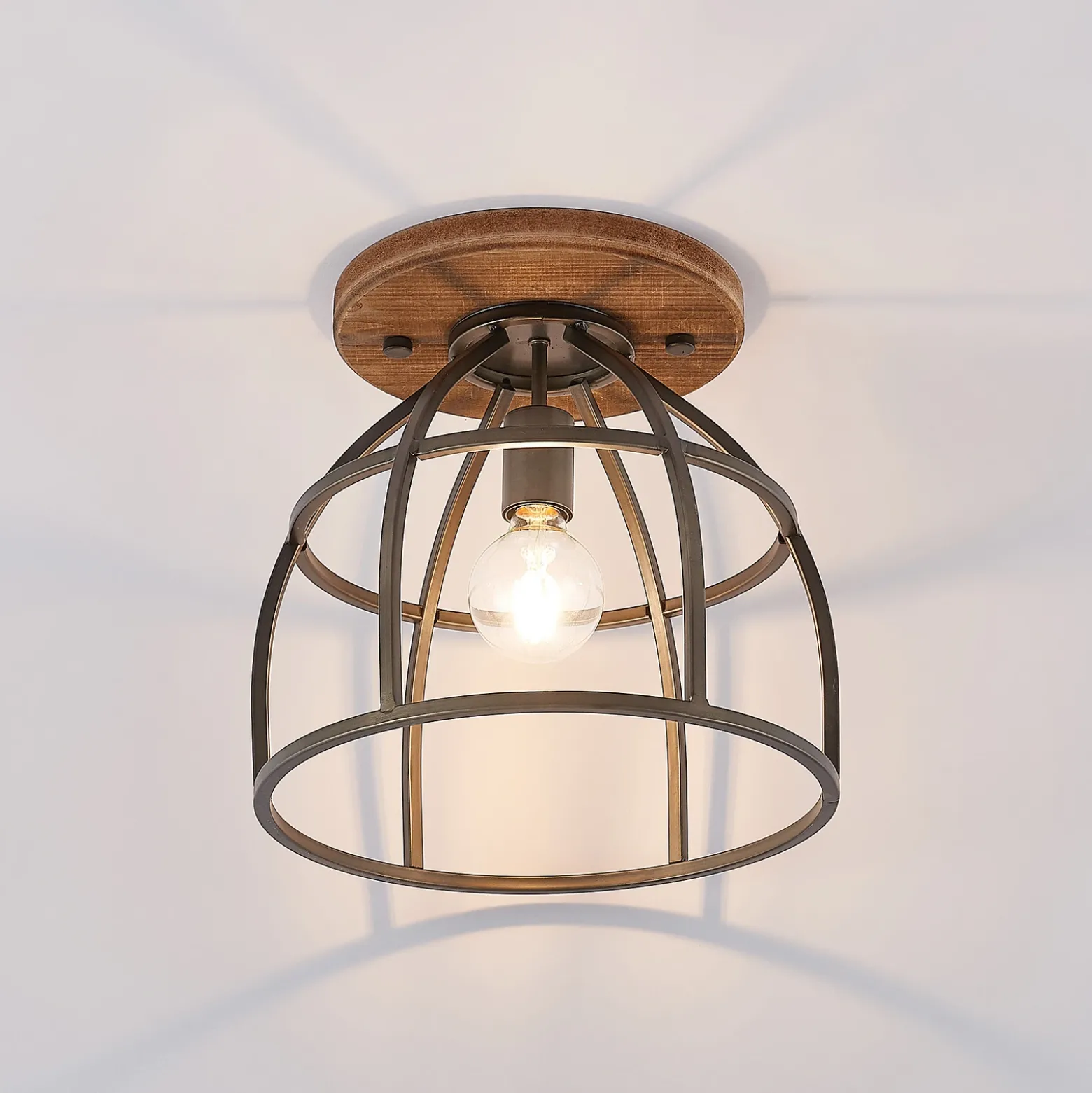 Lindby downlight de techo Rutger, Ø 34 cm, madera, jaula, E27