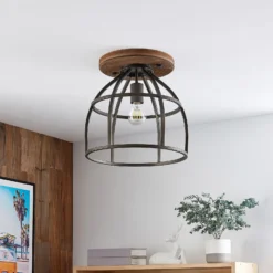 Lindby downlight de techo Rutger, Ø 34 cm, madera, jaula, E27