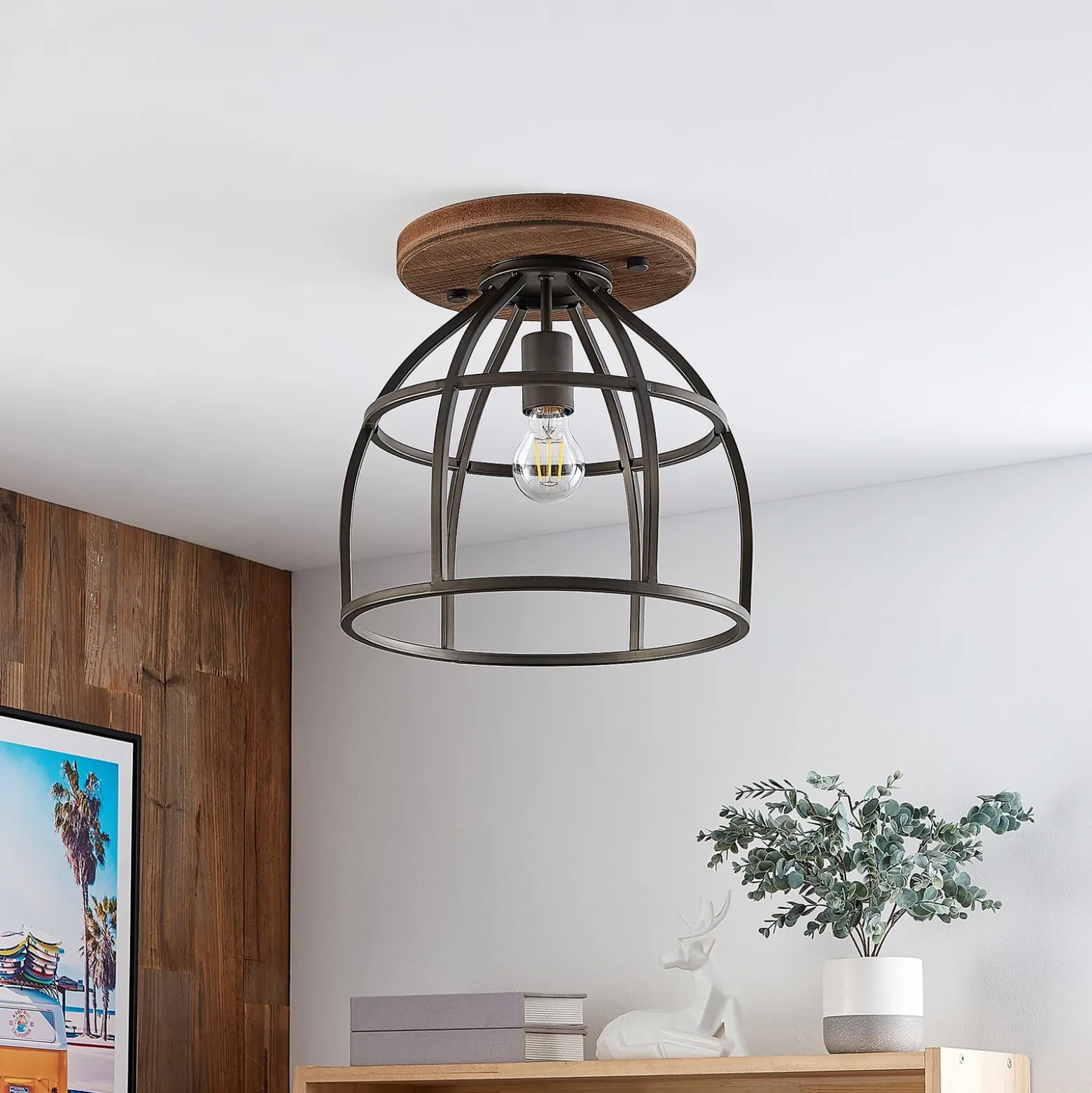 Lindby downlight de techo Rutger, Ø 34 cm, madera, jaula, E27