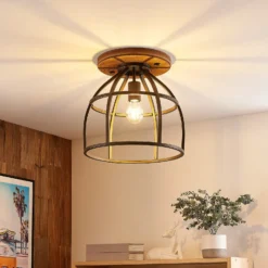Lindby downlight de techo Rutger, Ø 34 cm, madera, jaula, E27