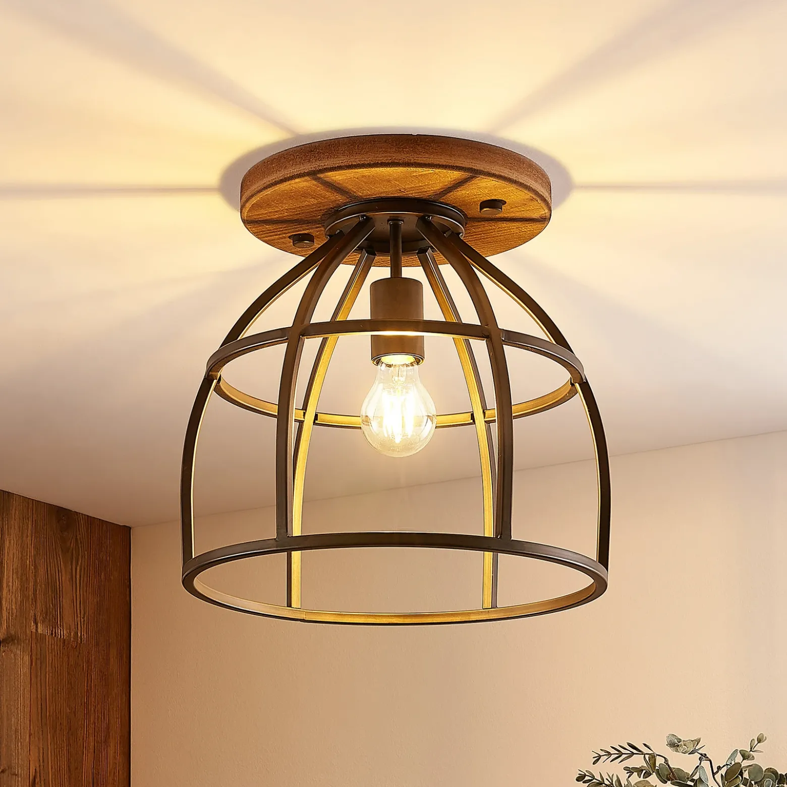 Lindby downlight de techo Rutger, Ø 34 cm, madera, jaula, E27