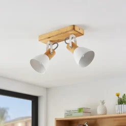 Lindby Downlight Merela, blanco, 28 cm, 2 luces, madera, E14