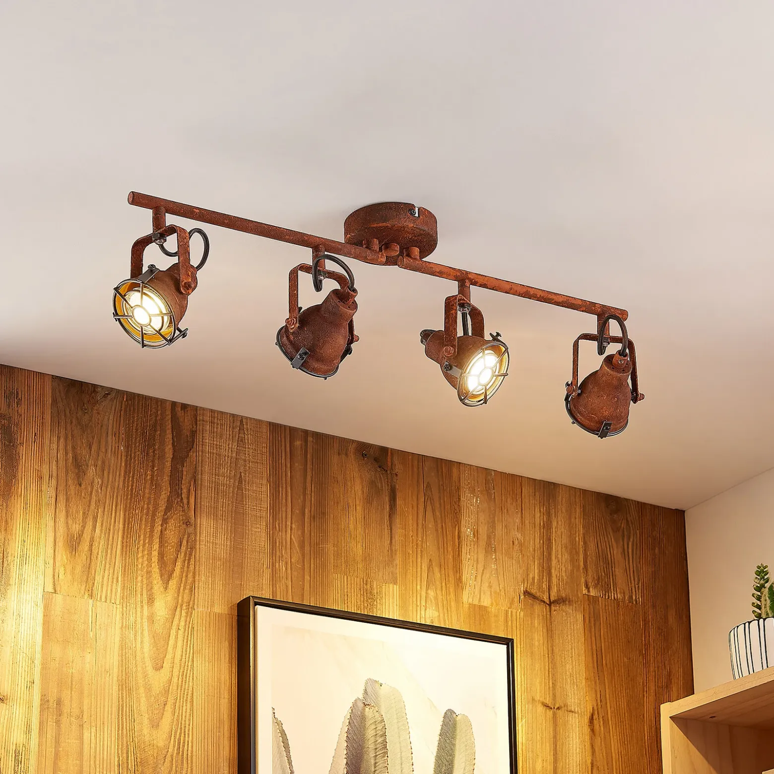 Lindby downlight Scabra, 63 cm, marrón óxido, 4 luces, metal