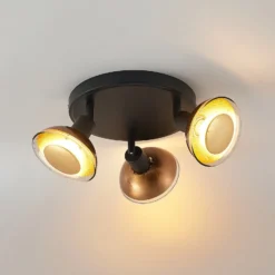 Lindby Erin downlight de techo, negro/oro, Ø 22 cm, cristal