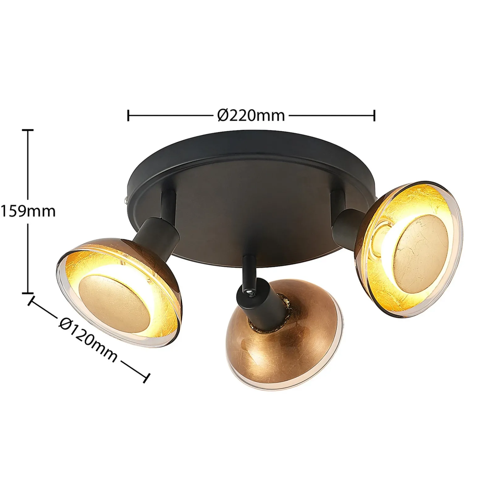 Lindby Erin downlight de techo, negro/oro, Ø 22 cm, cristal