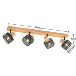 Lindby Evinora downlight de techo, 77 cm, negro, 4 luces, madera