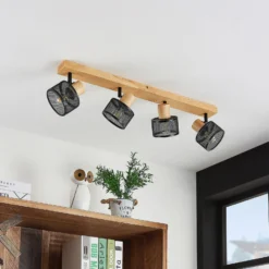 Lindby Evinora downlight de techo, 77 cm, negro, 4 luces, madera