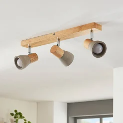 Lindby Filiz foco, 3 luces, 47 cm de largo, madera, hormigón, E14