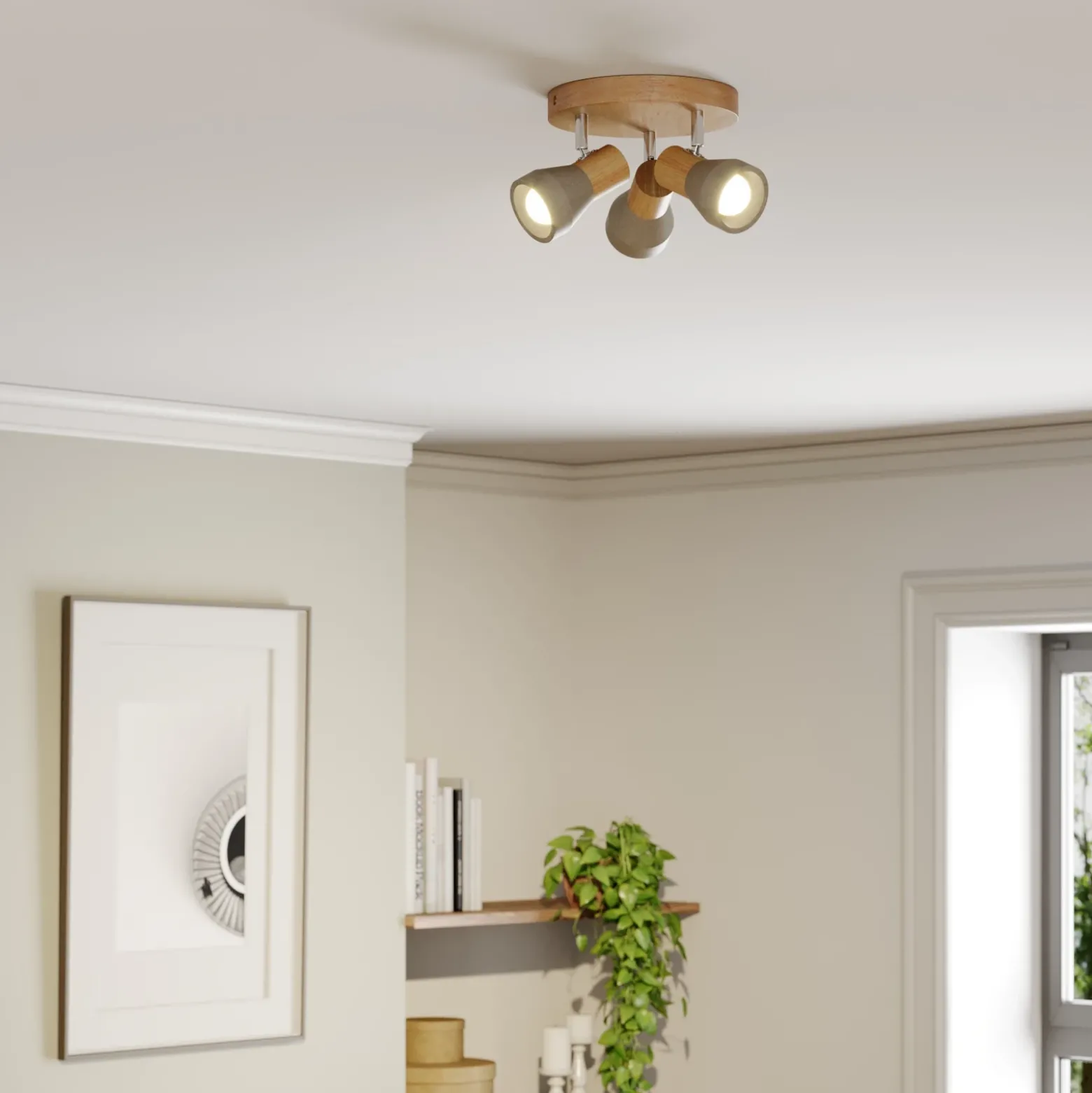 Lindby Filiz foco, 3 luces, Ø 20 cm, madera, hormigón, E14