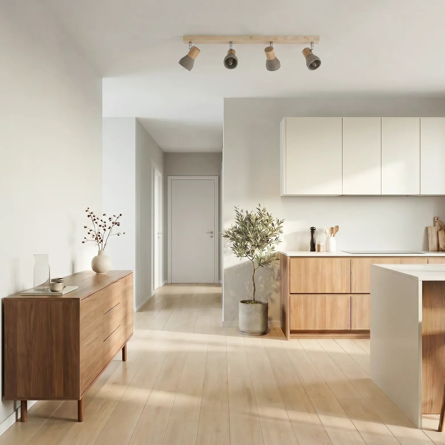 Lindby Filiz foco, 4 luces, 77 cm, madera, hormigón, E14
