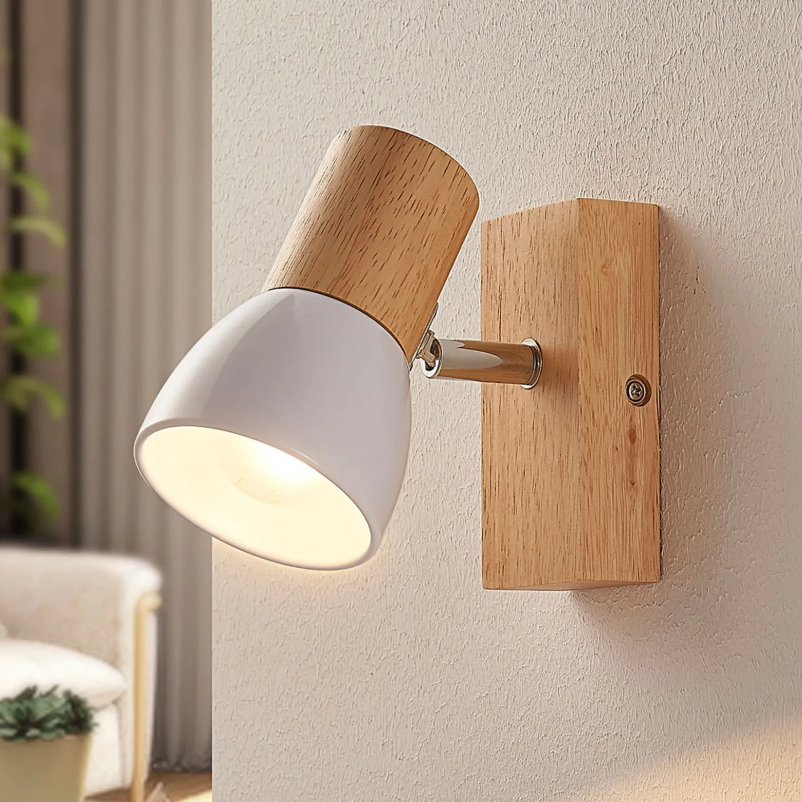 Lindby foco de pared Thorin, 14 cm alto, blanco, madera, E14