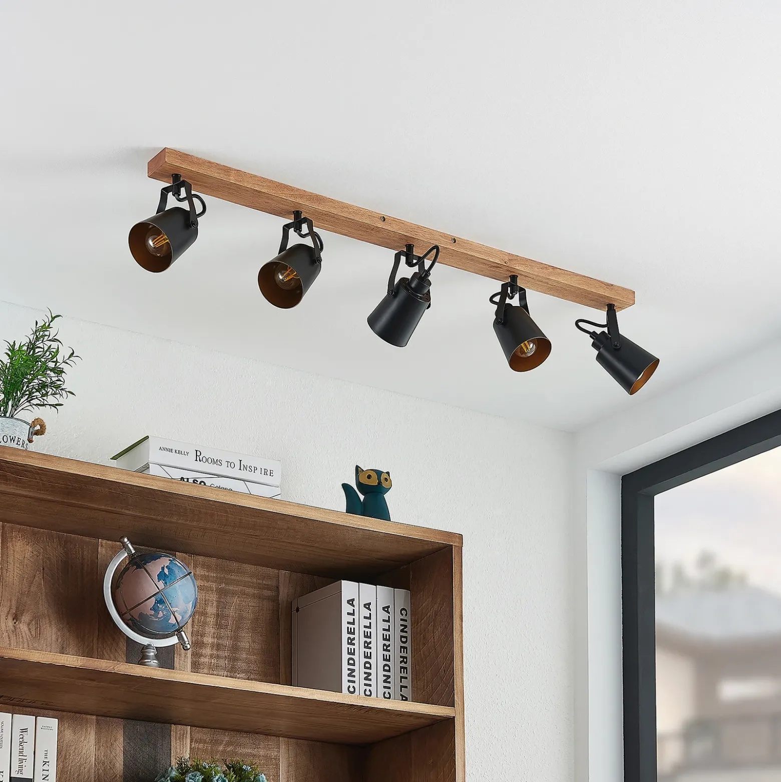 Lindby Kimban downlight de techo, 5 luces, 106 cm, madera, metal