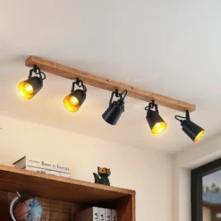 Lindby Kimban downlight de techo, 5 luces, 106 cm, madera, metal