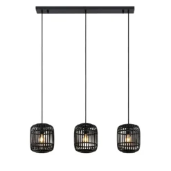 Lindby lámpara colgante Canyana, negra, 3 luces, ratán, 105 cm