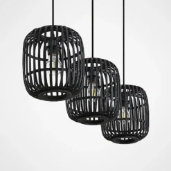 Lindby lámpara colgante Canyana, negra, 3 luces, ratán, 105 cm