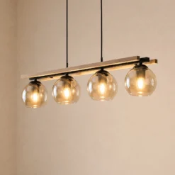 Lindby lámpara colgante Enrique, ámbar, 4 luces, cristal, madera, E27