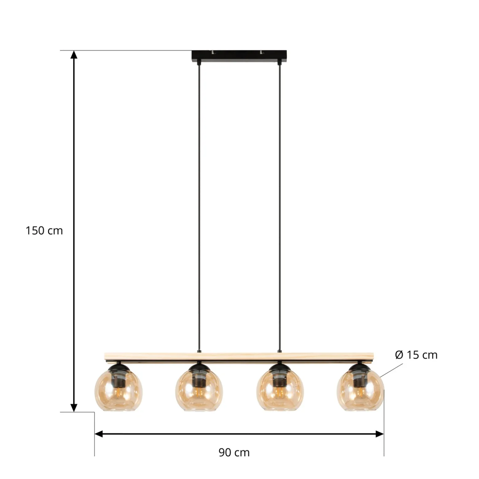 Lindby lámpara colgante Enrique, ámbar, 4 luces, cristal, madera, E27