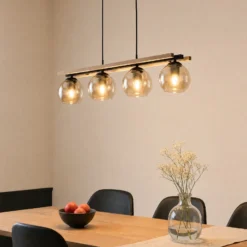 Lindby lámpara colgante Enrique, ámbar, 4 luces, cristal, madera, E27
